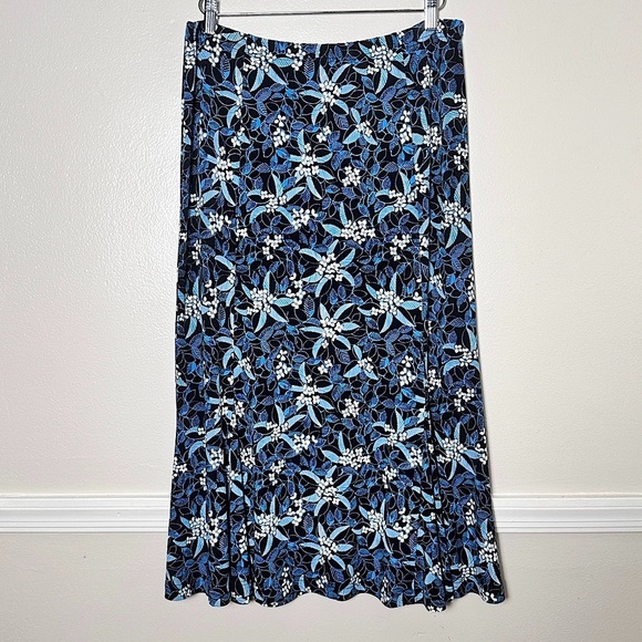 Sag Harbor Stretch Midi Skirt Y2K Preppy Blue Floral Print Ruffle Hem Pullon - Picture 1 of 16